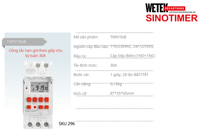 (SKU 296) TM919sB Công tắc hẹn giờ 110/230VAC, 24/12/5VDC  đầu ra kiểu Cặp tiếp điểm (1NO+1NC) 30A Sinotimer