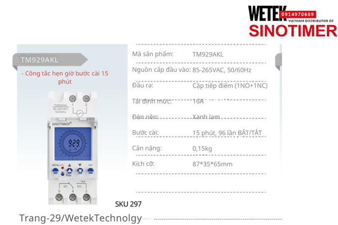 (SKU 297) TM929AKL Công tắc hẹn giờ 85-265VAC, 50/60Hz  đầu ra kiểu Cặp tiếp điểm (1NO+1NC) 16A  Sinotimer