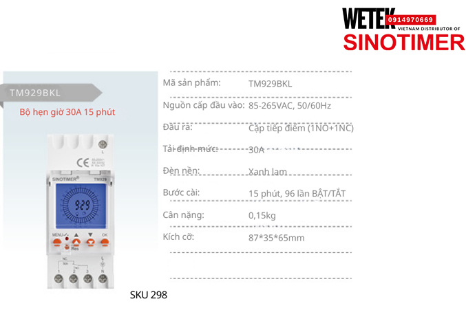 (SKU 298) TM929BKL Công tắc hẹn giờ 85-265VAC, 50/60Hz  đầu ra kiểu Cặp tiếp điểm (1NO+1NC) 30A  Sinotimer