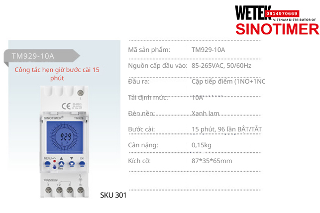 (SKU 301) TM929-10A Công tắc hẹn giờ 85-265VAC, 50/60Hz  đầu ra kiểu Cặp tiếp điểm (1NO+1NC) 10A  Sinotimer