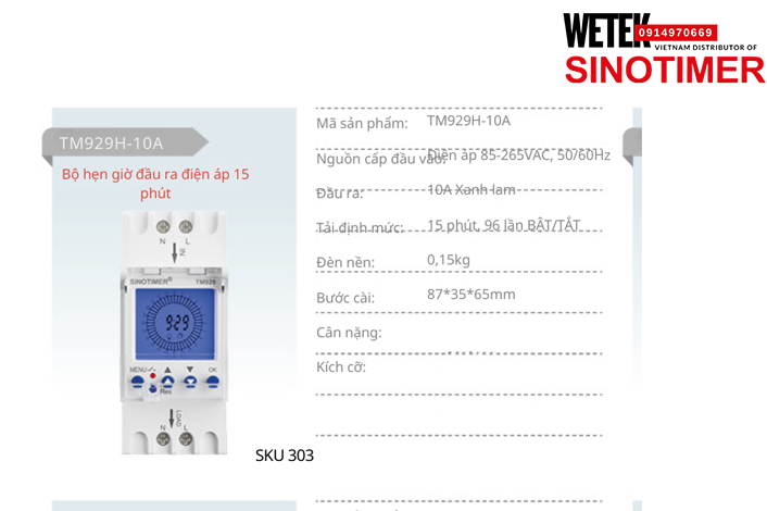 (SKU 303) TM929H-10A Công tắc hẹn giờ 85-265VAC, 50/60Hz đầu ra kiểu Điện áp  10A  Sinotimer