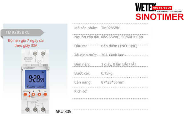 (SKU 305) TM928SBKL Công tắc hẹn giờ 85-265VAC, 50/60Hz  đầu ra kiểu Cặp tiếp điểm (1NO+1NC) 30A  Sinotimer