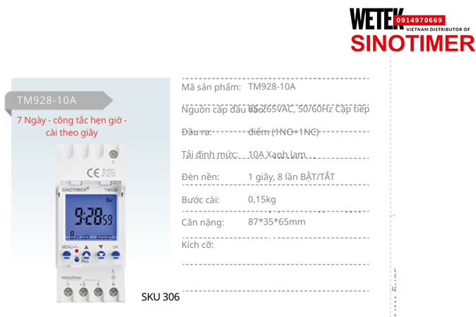 (SKU 306) TM928-10A Công tắc hẹn giờ 85-265VAC, 50/60Hz  đầu ra kiểu Cặp tiếp điểm (1NO+1NC) 10A  Sinotimer