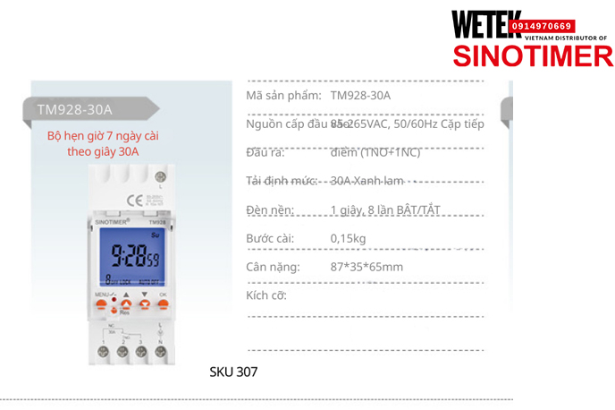 (SKU 307) TM928-30A Công tắc hẹn giờ 85-265VAC, 50/60Hz  đầu ra kiểu Cặp tiếp điểm (1NO+1NC) 30A  Sinotimer