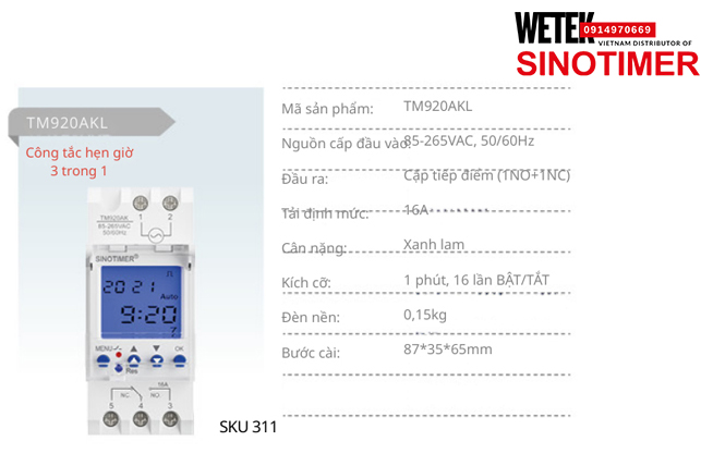 (SKU 311) TM920AKL Công tắc hẹn giờ 85-265VAC, 50/60Hz  đầu ra kiểu Cặp tiếp điểm (1NO+1NC) 16A  Sinotimer