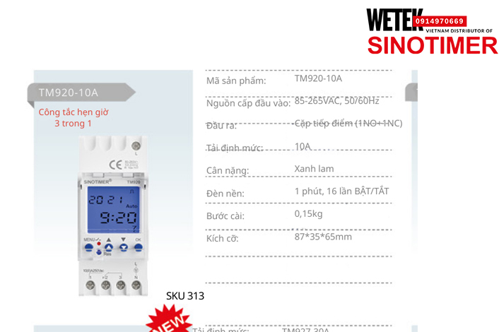 (SKU 313) TM920-10A Công tắc hẹn giờ 85-265VAC, 50/60Hz  đầu ra kiểu Cặp tiếp điểm (1NO+1NC) 10A  Sinotimer