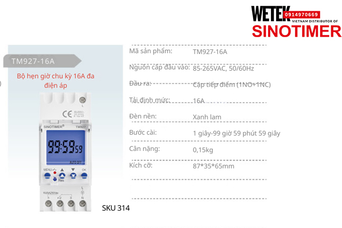 (SKU 314) TM927-16A Công tắc hẹn giờ 85-265VAC, 50/60Hz  đầu ra kiểu Cặp tiếp điểm (1NO+1NC)  16A  Sinotimer