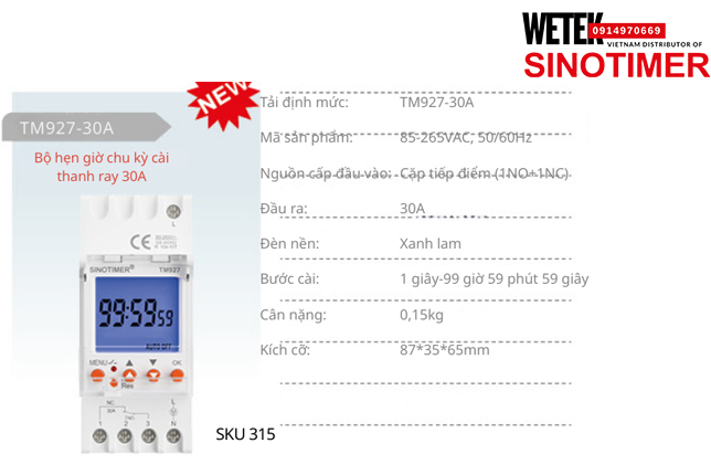 (SKU 315) TM927-30A Công tắc hẹn giờ 85-265VAC, 50/60Hz  đầu ra kiểu Cặp tiếp điểm (1NO+1NC) 30A  Sinotimer