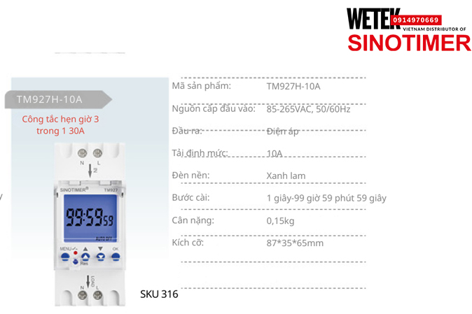 (SKU 316) TM927H-10A Công tắc hẹn giờ 85-265VAC, 50/60Hz đầu ra kiểu Điện áp  10A  Sinotimer