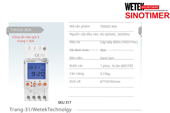 (SKU 317) TM920-30A Công tắc hẹn giờ 85-265VAC, 50/60Hz  đầu ra kiểu Cặp tiếp điểm (1NO+1NC) 30A  Sinotimer