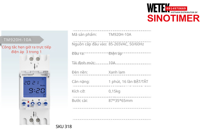 (SKU 318) TM920H-10A Công tắc hẹn giờ 85-265VAC, 50/60Hz đầu ra kiểu Điện áp  10A  Sinotimer
