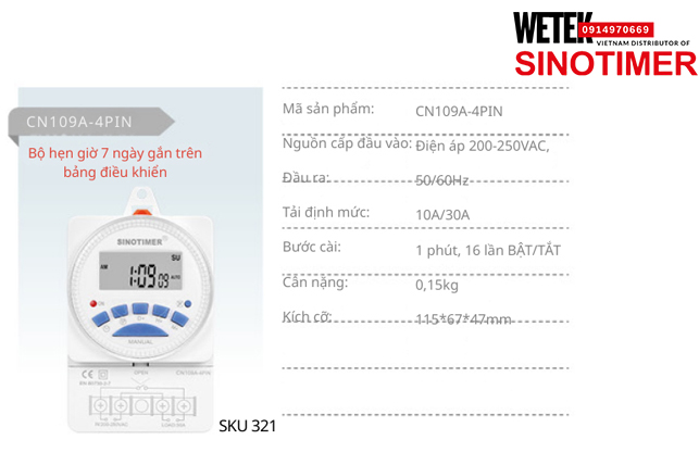 (SKU 321) CN109A-4PIN Công tắc hẹn giờ 200-250VAC, 50/60Hz đầu ra kiểu Điện áp  10A/30A Sinotimer