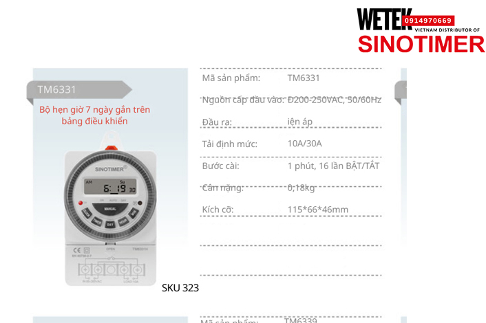 (SKU 323) TM6331 Công tắc hẹn giờ 200-250VAC, 50/60Hz đầu ra kiểu Điện áp  10A/30A Sinotimer