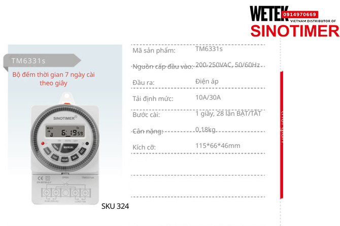 (SKU 324) TM6331s Công tắc hẹn giờ 200-250VAC, 50/60Hz đầu ra kiểu Điện áp  10A/30A Sinotimer