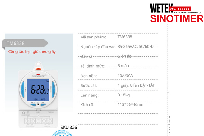 (SKU 326) TM6338 Công tắc hẹn giờ 85-265VAC, 50/60Hz đầu ra kiểu Điện áp  5 màu Sinotimer