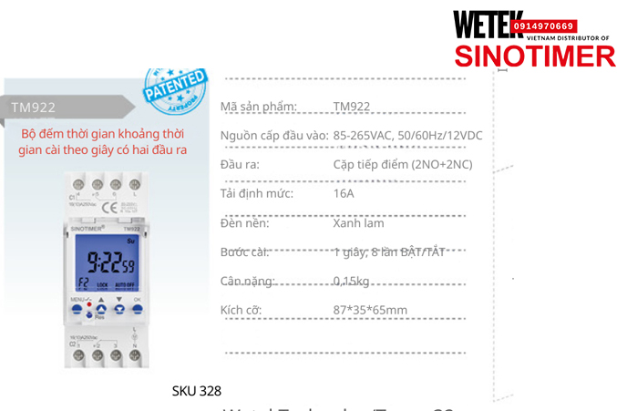 (SKU 328) TM922 Công tắc hẹn giờ 85-265VAC, 50/60Hz/12VDC  đầu ra kiểu Cặp tiếp điểm (2NO+2NC) 16A  Sinotimer