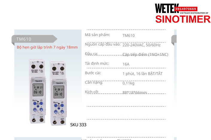 (SKU 333) TM610 Công tắc hẹn giờ 220-240VAC, 50/60Hz  đầu ra kiểu Cặp tiếp điểm (1NO+1NC) 16A Sinotimer