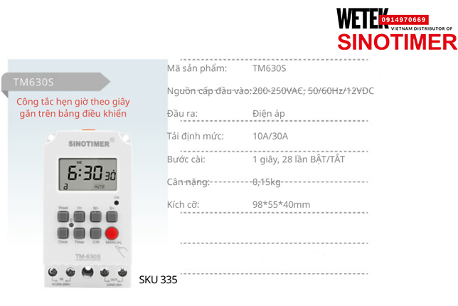 (SKU 335) TM630S Công tắc hẹn giờ 200-250VAC, 50/60Hz/12VDC  đầu ra kiểu Điện áp 10A/30A Sinotimer