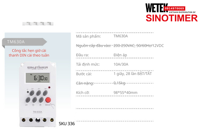 (SKU 336) TM630A Công tắc hẹn giờ 200-250VAC, 50/60Hz/12VDC  đầu ra kiểu Điện áp  10A/30A Sinotimer