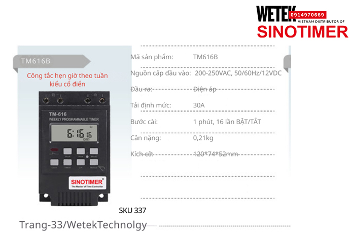 (SKU 337) TM616B Công tắc hẹn giờ 200-250VAC, 50/60Hz/12VDC đầu ra kiểu Điện áp 30A Sinotimer