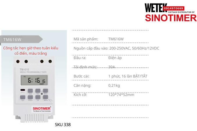 (SKU 338) TM616W Công tắc hẹn giờ 200-250VAC, 50/60Hz/12VDC đầu ra kiểu Điện áp 30A Sinotimer