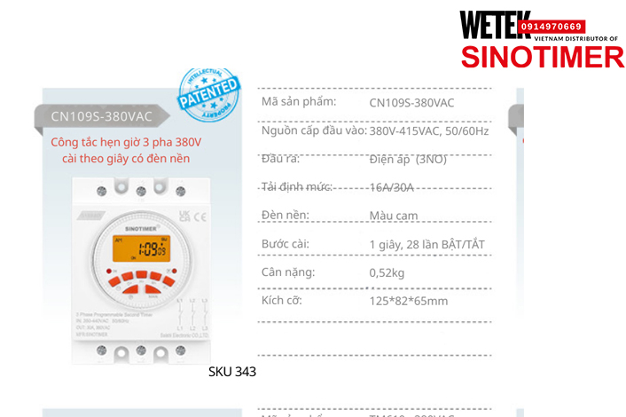 (SKU 343) CN109S-380VAC Công tắc hẹn giờ 380V-415VAC, 50/60Hz đầu ra kiểu Điện áp  (3NO) 16A/30A  Sinotimer