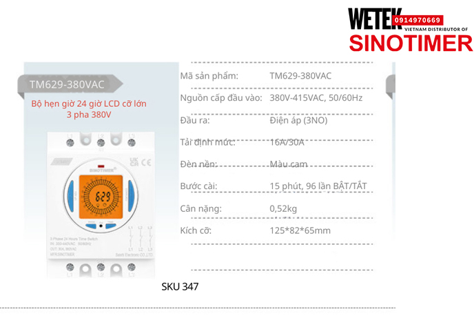 (SKU 347) TM629-380VAC Công tắc hẹn giờ 380V-415VAC, 50/60Hz  đầu ra kiểu Điện áp (3NO) 16A/30A  Sinotimer