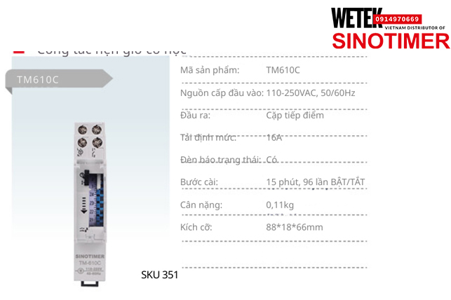 (SKU 351) TM610C Công tắc hẹn giờ 110-250VAC, 50/60Hz  đầu ra kiểu Cặp tiếp điểm 16A  Sinotimer