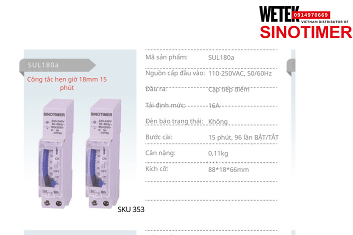 (SKU 353) SUL180a Công tắc hẹn giờ 110-250VAC, 50/60Hz  đầu ra kiểu Cặp tiếp điểm 16A  Sinotimer