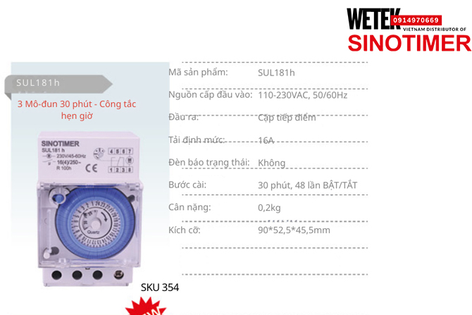 (SKU 354) SUL181h Công tắc hẹn giờ 110-230VAC, 50/60Hz  đầu ra kiểu Cặp tiếp điểm 16A  Sinotimer