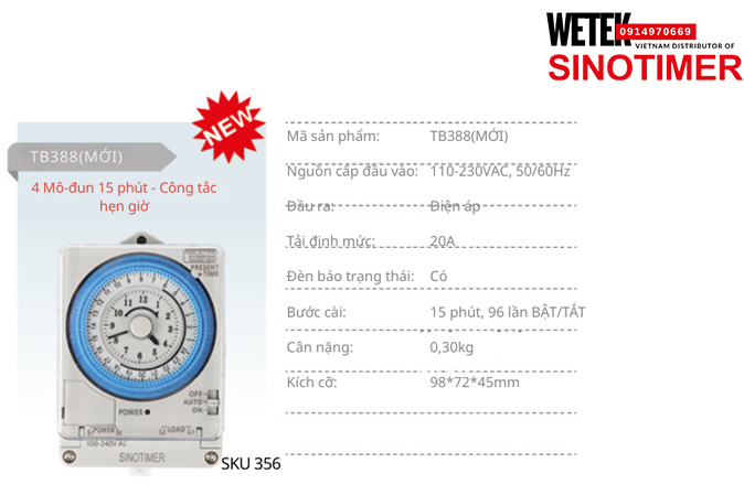 (SKU 356) TB388(MỚI) Công tắc hẹn giờ 110-230VAC, 50/60Hz đầu ra kiểu Điện áp  20A  Sinotimer