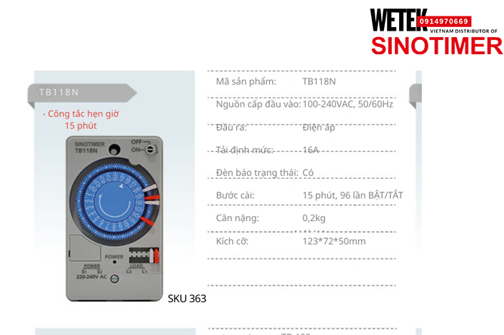 (SKU 363) TB118N Công tắc hẹn giờ 100-240VAC, 50/60Hz đầu ra kiểu Điện áp  16A  Sinotimer