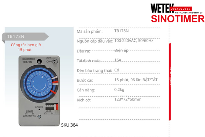(SKU 364) TB178N Công tắc hẹn giờ 100-240VAC, 50/60Hz đầu ra kiểu Điện áp  16A  Sinotimer