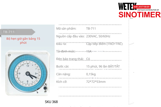 (SKU 368) TB-711 Công tắc hẹn giờ 230VAC, 50/60Hz  đầu ra kiểu Cặp tiếp điểm (1NO+1NC) 16A  Sinotimer