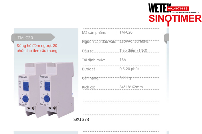 (SKU 373) TM-C20 Công tắc hẹn giờ đèn cầu thang 230VAC, 50/60Hz  đầu ra kiểu Tiếp điểm (1NO) 16A Sinotimer