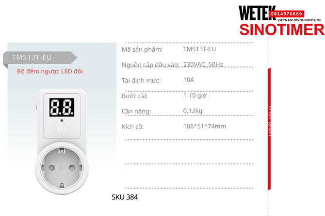 (SKU 384) TM513T-EU Công tắc hẹn giờ ổ cắm 230VAC, 50Hz 10A bước cài 1-10 giờ Sinotimer