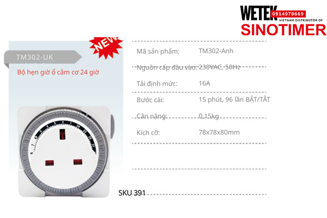 (SKU 391) TM302-Anh Công tắc hẹn giờ ổ cắm 230VAC, 50Hz 16A bước cài 15 phút, 96 lần BẬT/TẮT Sinotimer